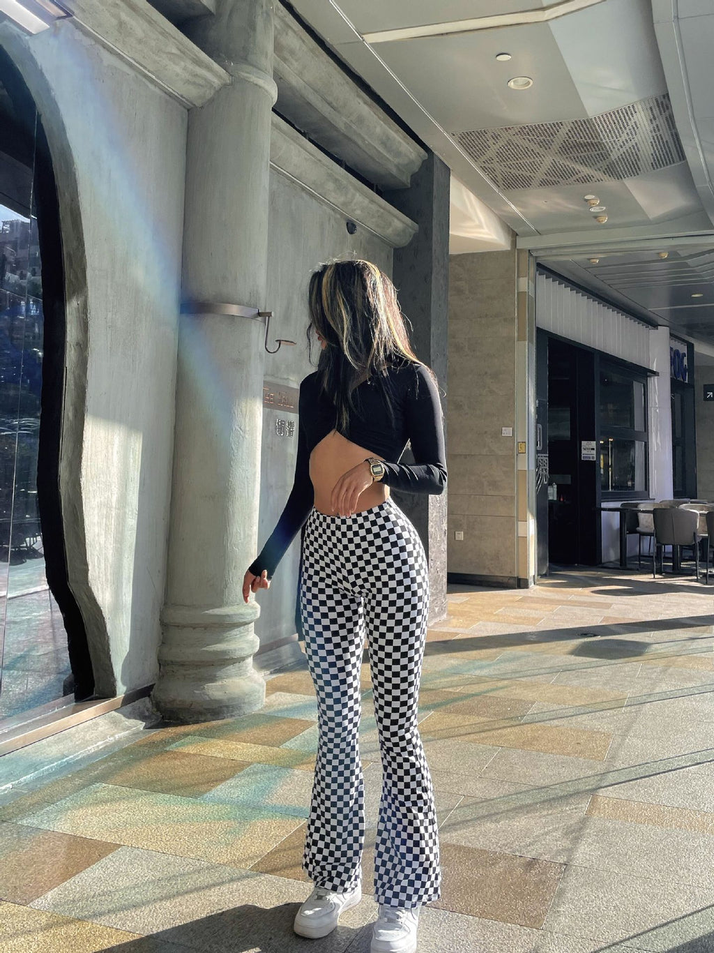 Chessboard Plaid Bell-bottom Pants Female Wear