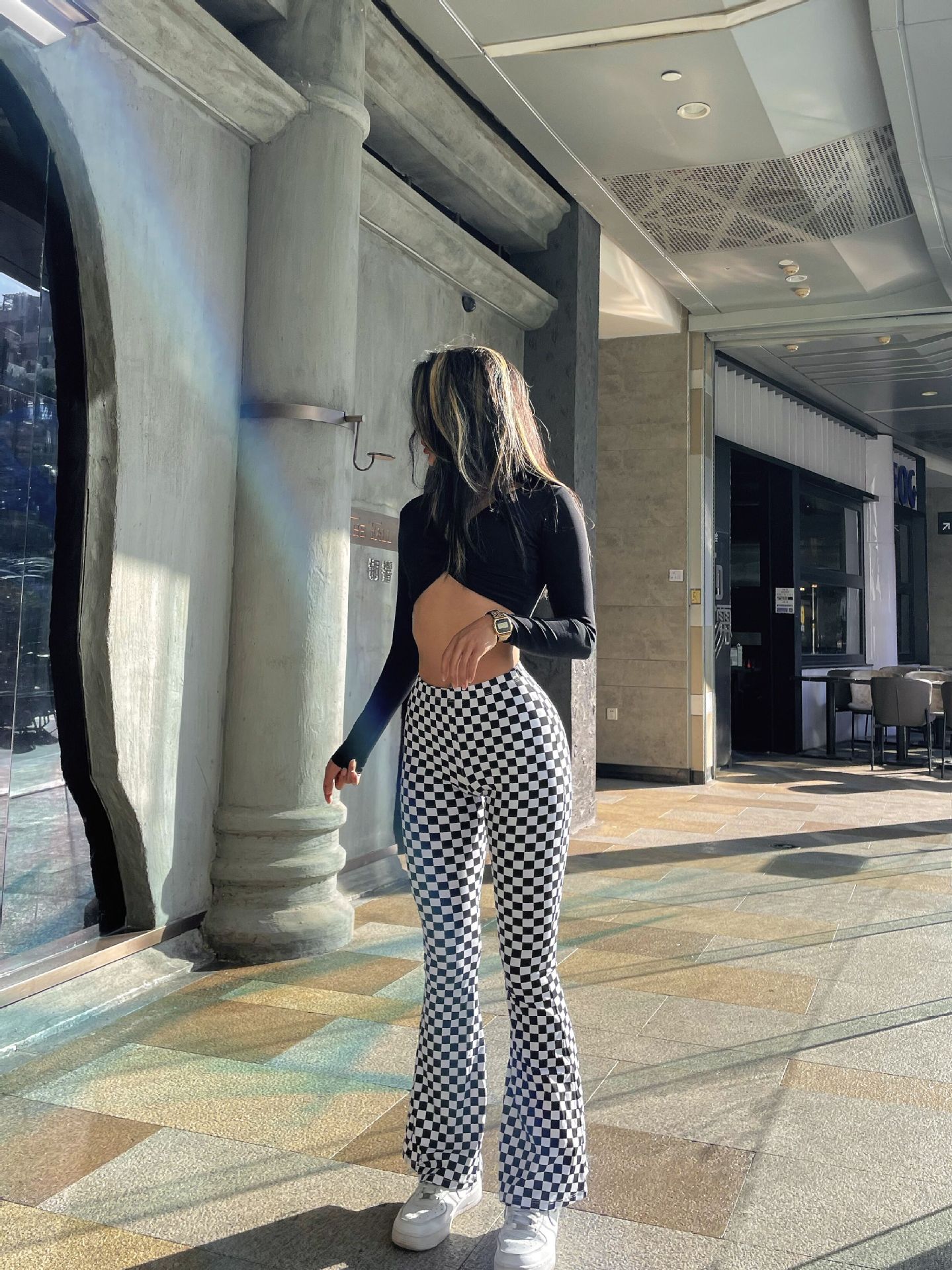 Chessboard Plaid Bell-bottom Pants Female Wear